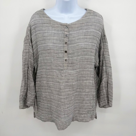 J. Jill Tops - J. Jill Women's‎ S Shirt Top Gray 100% Linen Henley Striped 3/4 Sleeve Relaxed